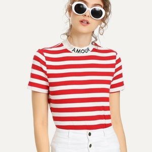 Red and white stripped T with “amour” embroidery